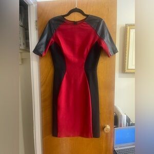 Zara red leather body-con quarter sleeve dress with black leather sleeves